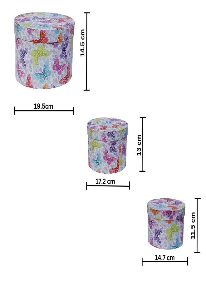 اويسيس مجموعة أواسيس من 3 صناديق هدايا دائرية لعيد الحب وسلال الزهور مع غطاء | صندوق باقة كلاسيكي لتنسيقات الزهور وسلال الهدايا | صندوق تغليف هدايا مزخرف ببطانة مقاومة للماء - مطبوع عليه فراشات متعددة الألوان - Image 3